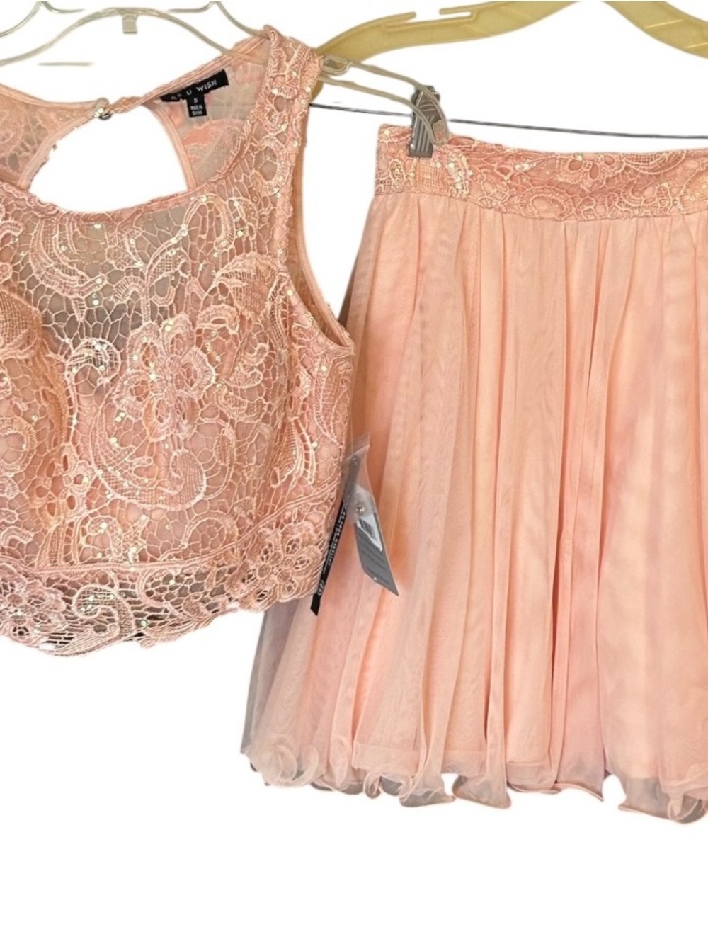 NWT As U Wish 2 Piece Cropped Sequin Top Skirt Sz 5 Peach Sequins Lace Formal